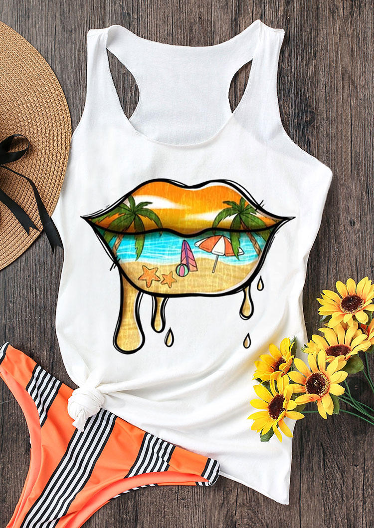 

Summer Vibes Beach Lips Coconut Tree Racerback Tank - White, 531841