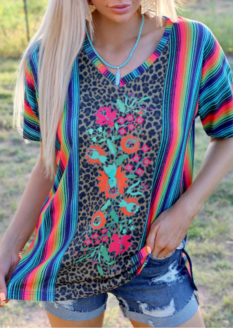 

Serape Striped Leopard Floral Blouse, Multicolor, SCM000279