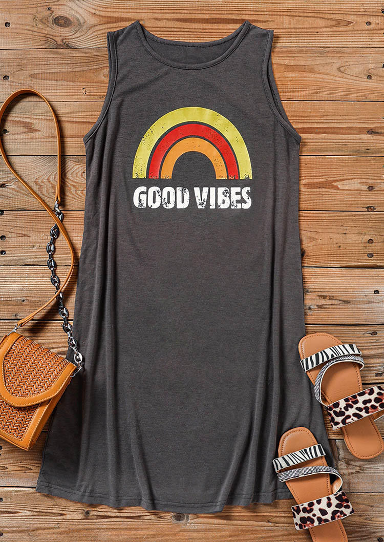 Good Vibes Rainbow O-Neck Mini Dress - Dark Grey