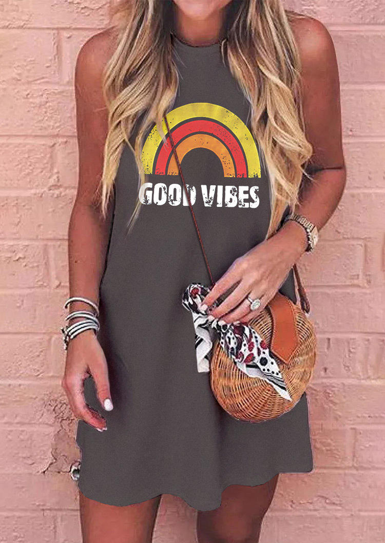 Good Vibes Rainbow O-Neck Mini Dress - Dark Grey