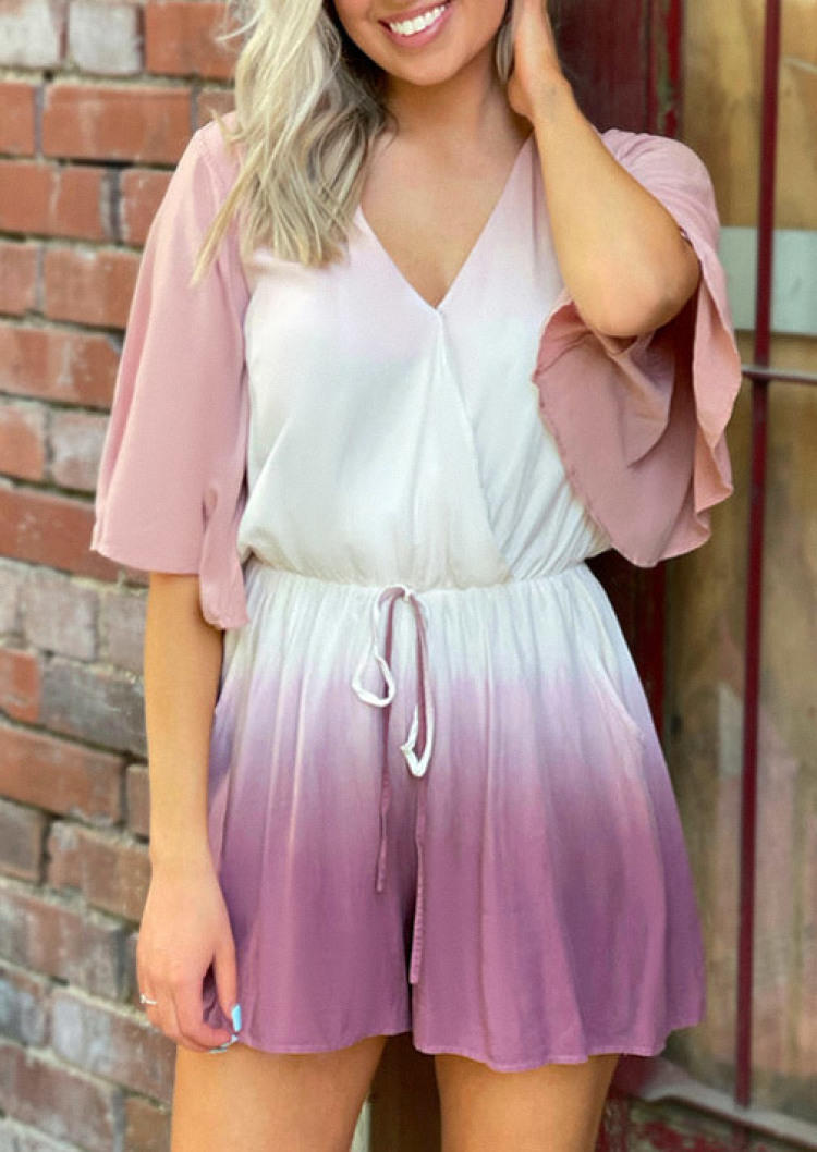 

Gradient Pocket Tie V-Neck Romper, Multicolor, SCM000638