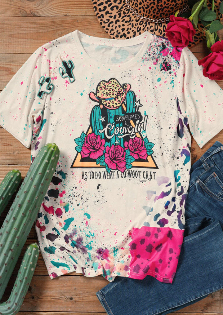 Buy Sometimes Cowgirl Leopard Cactus Floral Bleached T-Shirt Tee. Picture