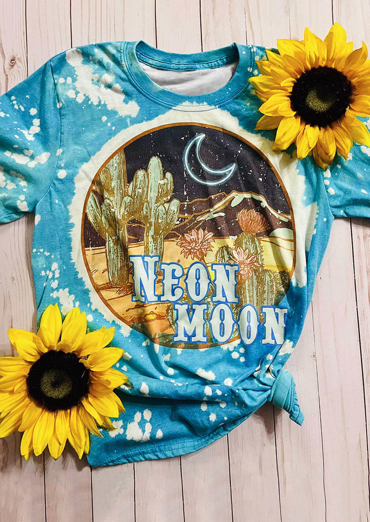 Neon Moon Cactus Floral Bleached T-Shirt Tee - Sky Blue