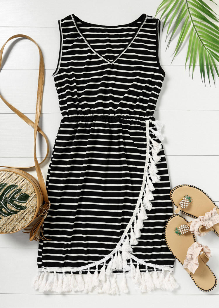 Striped Tassel V-Neck Mini Dress