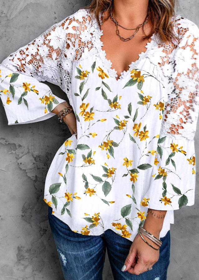 

Floral Lace Splicing Flare Sleeve Blouse - White, 531725