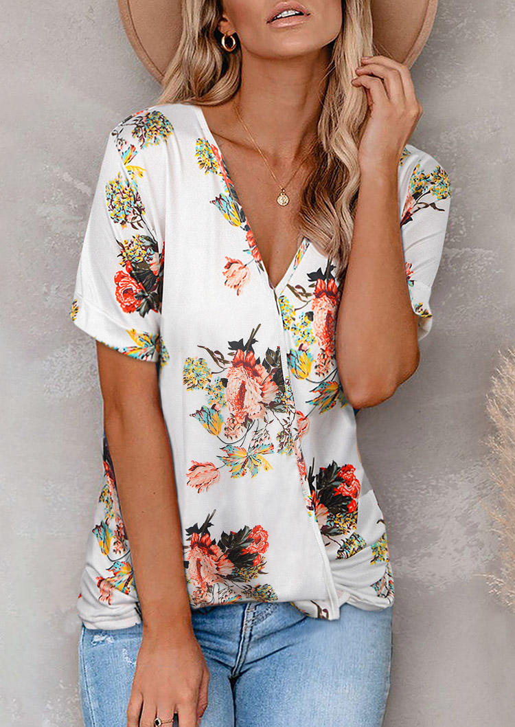 

Floral Wrap V-Neck Blouse - White, 531728