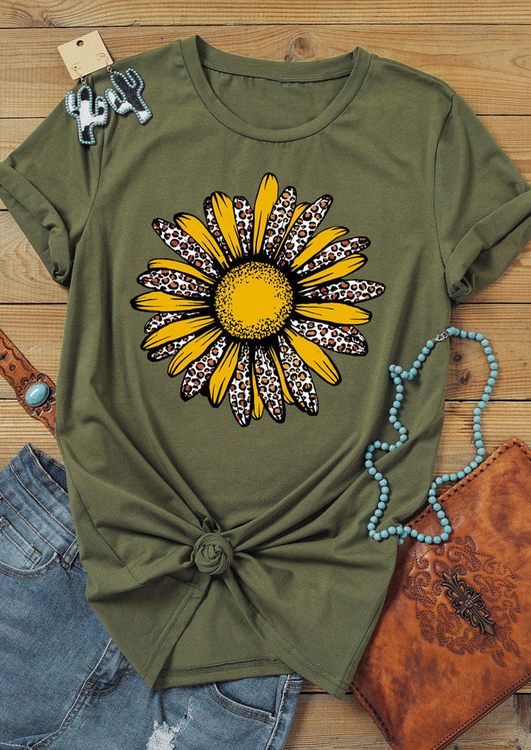 

Leopard Sunflower O-Neck T-Shirt Tee - Army Green, 531842