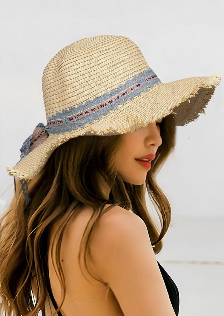 

Lace Sun Visor Rolled Up Straw Hat, Beige, 531889
