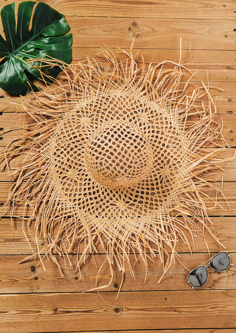 

Hollow Out Frayed Brim Straw Hat, Apricot, 531907