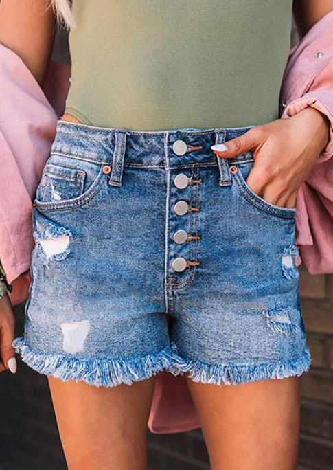 

Pocket Button Ripped Hole Denim Shorts - Blue, 531941