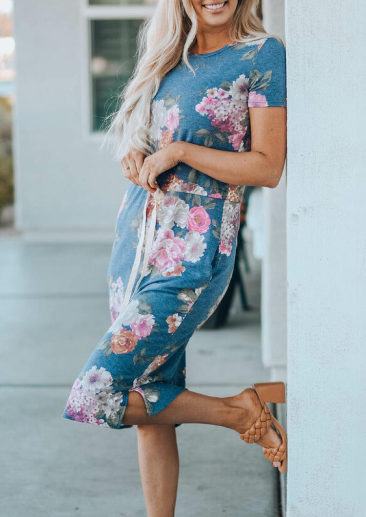 Floral Pocket Drawstring Tie Mini Dress - Blue