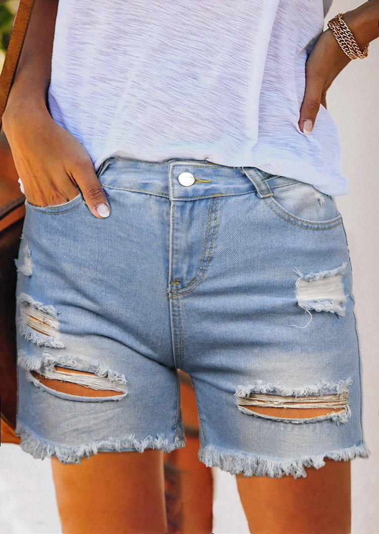 

Ripped Hole Frayed Hem Denim Shorts - Light Blue, 531637