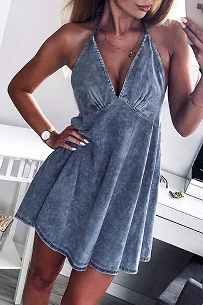 

Denim Halter V-Neck Mini Dress - Blue, 531716