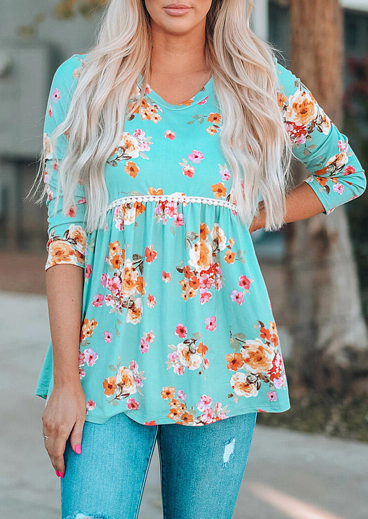 

Floral Ruffled Three Quarter Sleeve Blouse - Cyan, 531843