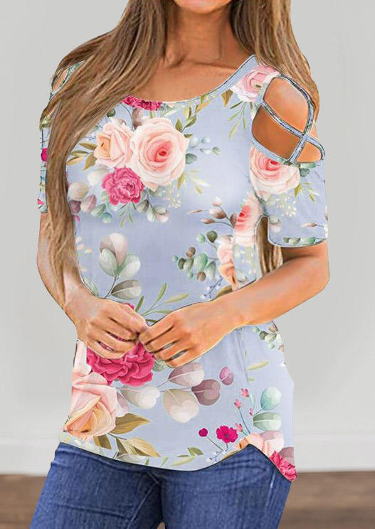 

Floral Criss-Cross Cold Shoulder Blouse - Blue, 531866