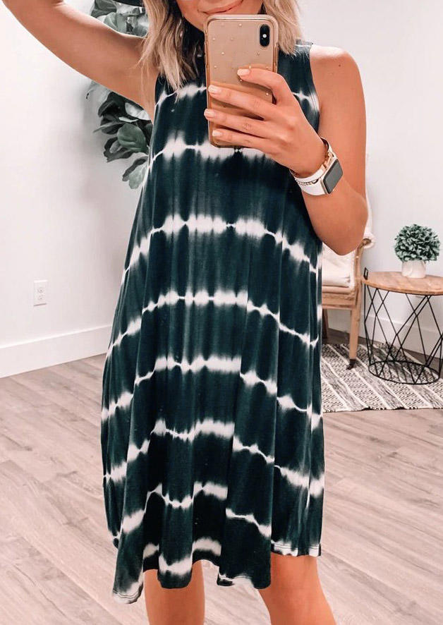 

Striped Tie Dye Sleeveless Mini Dress - Dark Green, 531869