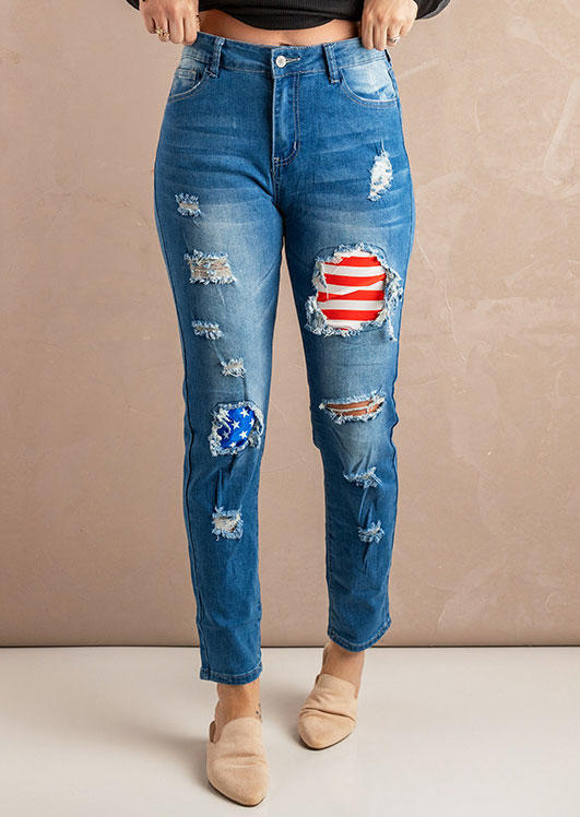 

American Flag Star Ripped Frayed Denim Pants - Blue, 531956