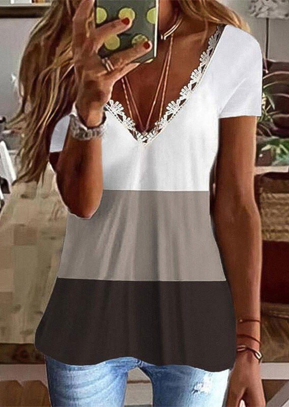 

Color Block Lace Splicing V-Neck Blouse, Multicolor, 531960
