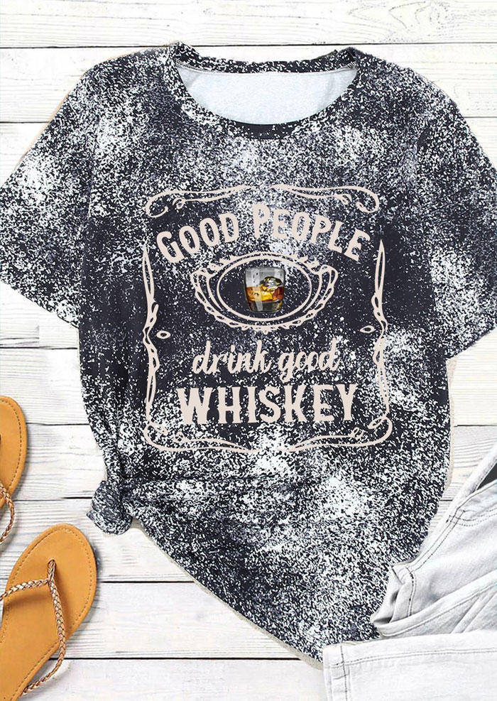 Good People Drink Good Whiskey Bleached T-Shirt Tee - Black