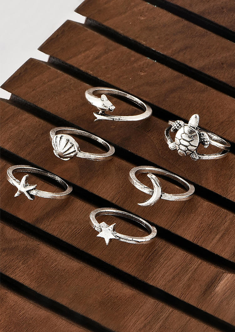 6Pcs Shell Starfish Turtle Dolphin Star Moon Ring Set