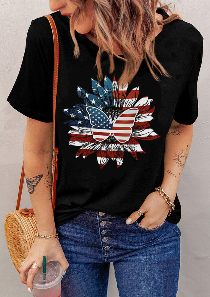 

American Flag Butterfly Sunflower T-Shirt Tee - Black, 531974