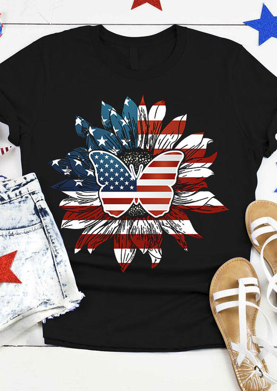 Buy American Flag Butterfly Sunflower T-Shirt Tee - Black. Picture