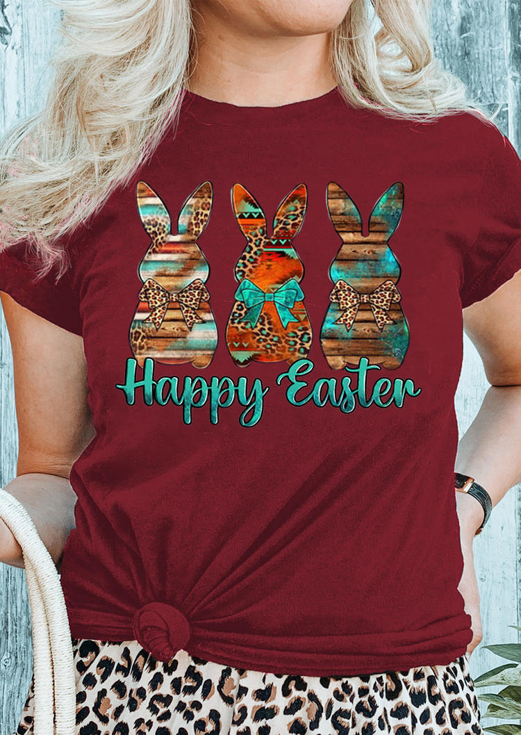 Buy Happy Easter Leopard Bunny Rabbit T-Shirt Tee - Burgundy. Picture