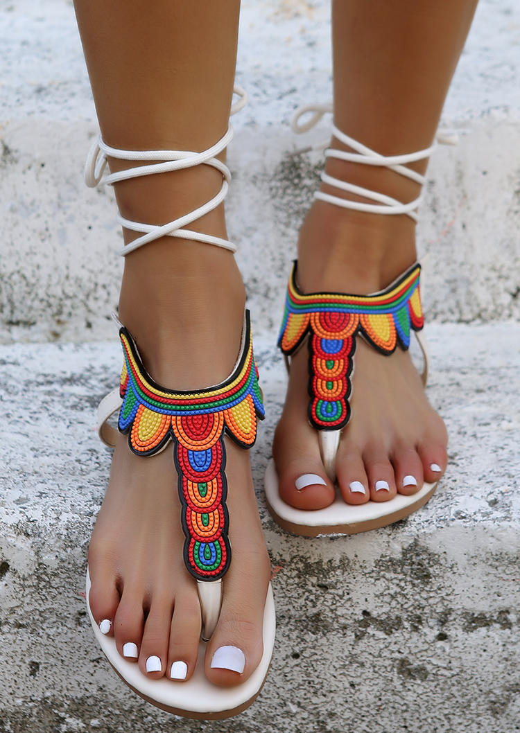 

Colorful Ethnic Style Flat Thong Sandals - White, 531997