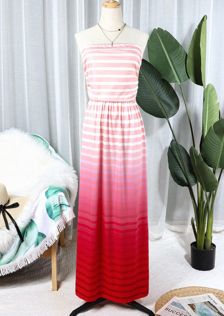 Gradient Striped Strapless Bandeau Maxi Dress - Pink