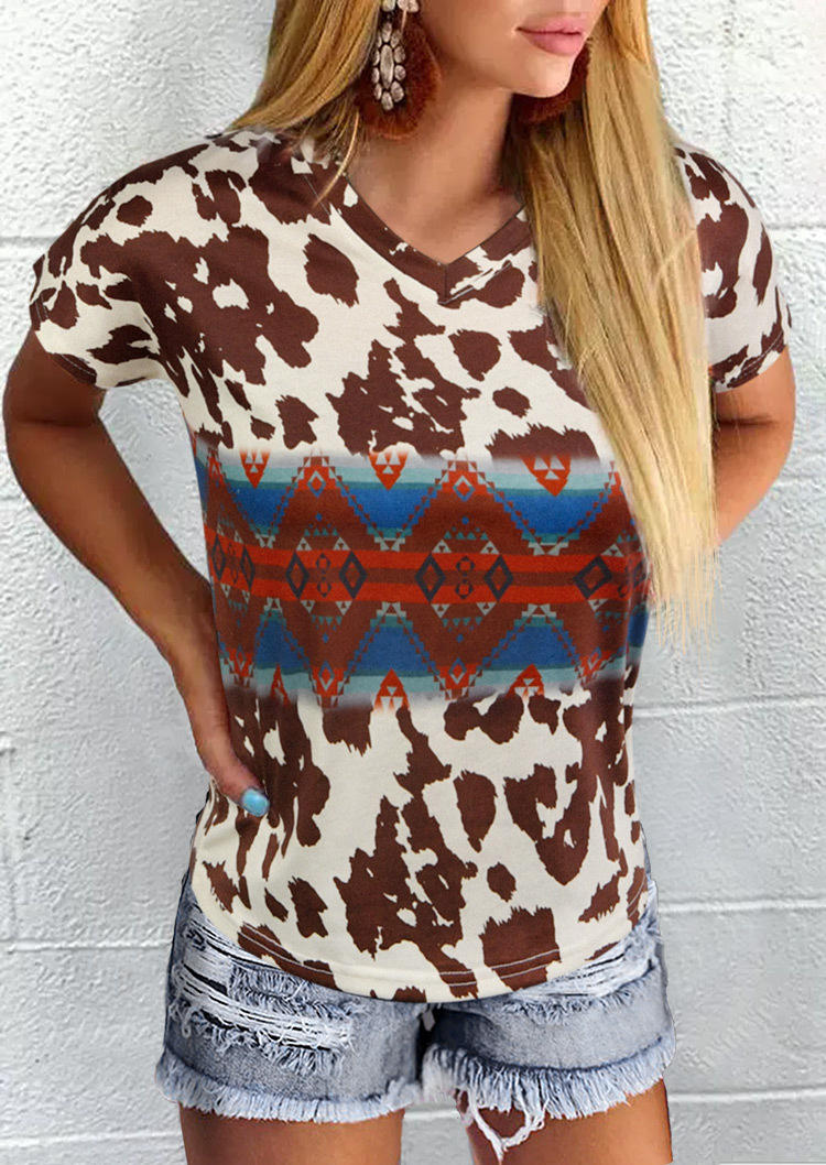

Aztec Geometric Cow V-Neck Blouse - Brown, SCM000284