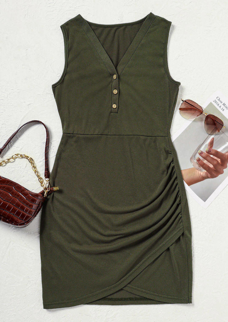 Ruched Button V-Neck Bodycon Dress - Army Green