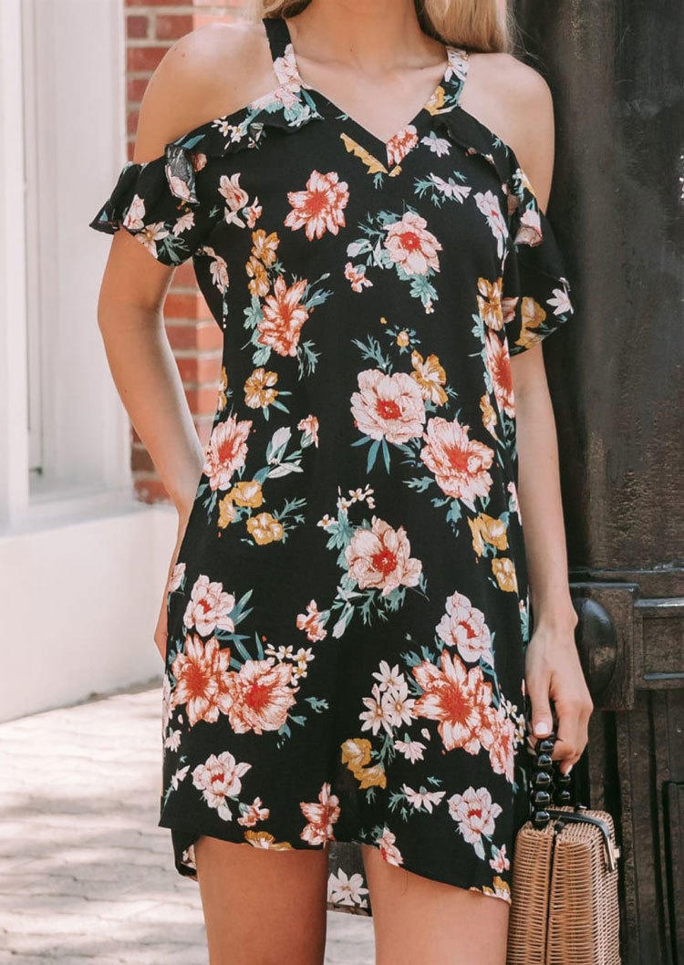 

Floral V-Neck Cold Shoulder Mini Dress, Multicolor, SCM000844