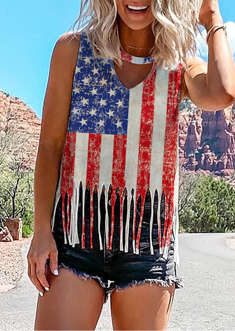 

American Flag Tassel Keyhole Neck Tank, Multicolor, SCM000884