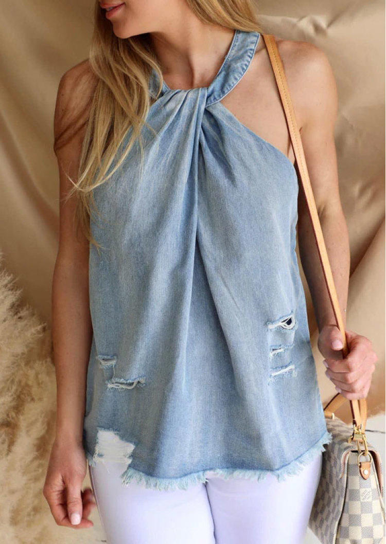 

Halter Tie Ripped Hole Frayed Denim Camisole - Blue, SCM000893