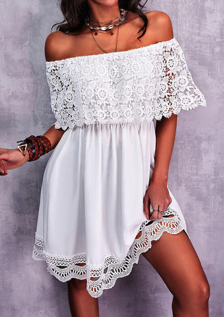 

Lace Ruffled Off Shoulder Mini Dress - White, SCM000920