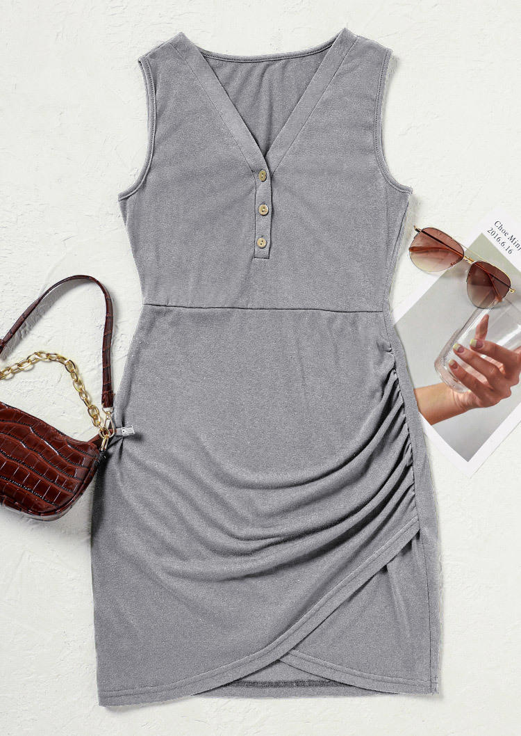 Ruched Button V-Neck Bodycon Dress - Gray
