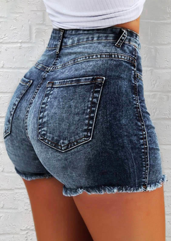 

Frayed Hem Pocket Denim Shorts - Blue, 531776