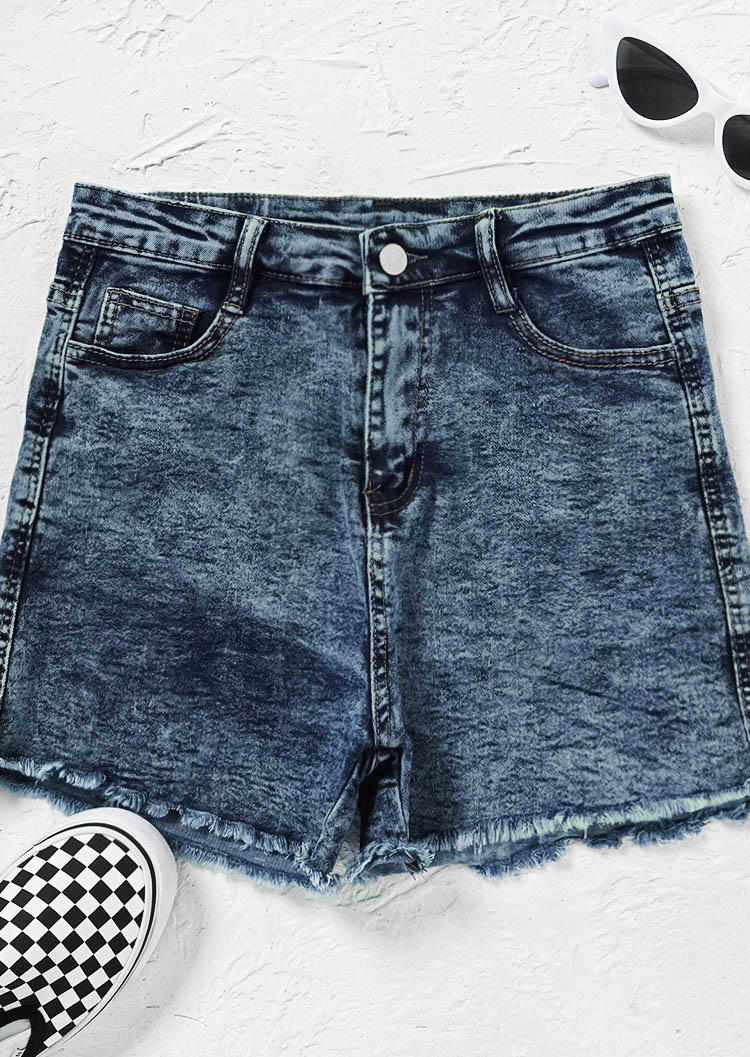 Frayed Hem Pocket Denim Shorts - Blue
