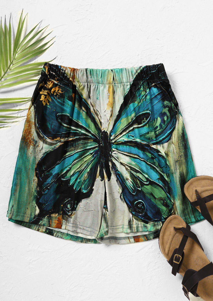 Tie Dye Butterfly Elastic Waist Shorts - Blue