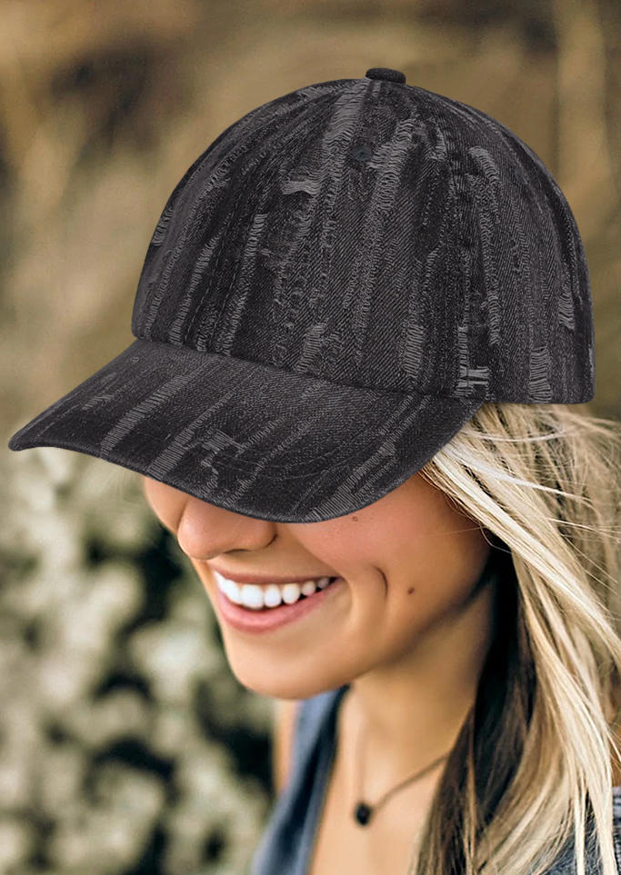 

Ripped Denim Adjustable Strap Baseball Cap, Black, 531955