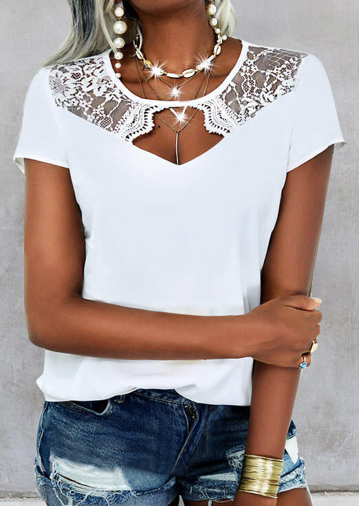 

Lace Splicing Hollow Out Blouse - White, 531979