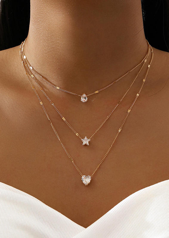 

Multi-Layered Rhinestone Star Heart Necklace, Gold, 532031