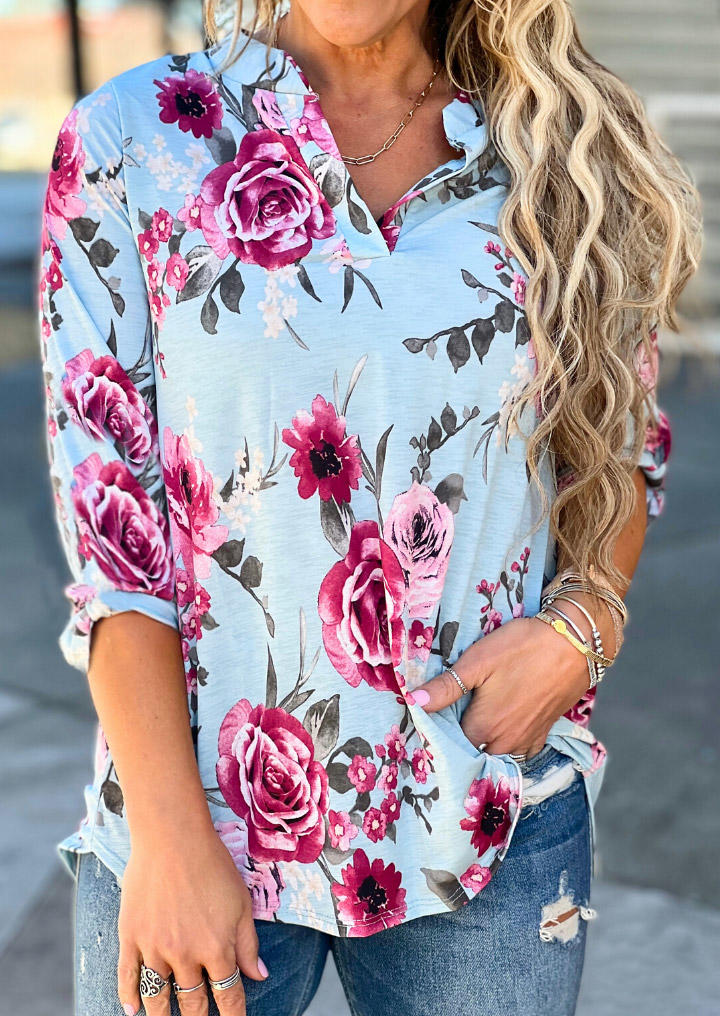 

Floral Notched Neck Blouse - Blue, 532067