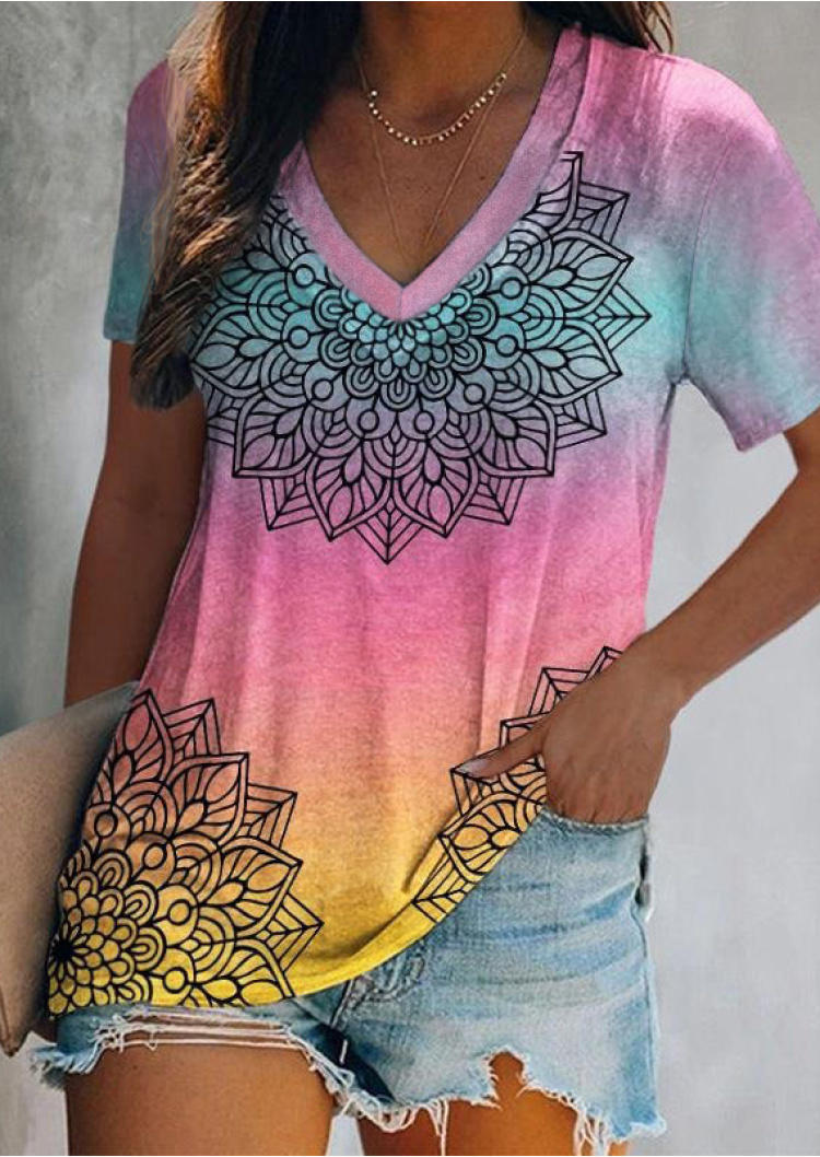 

Gradient Mandala V-Neck Blouse, Multicolor, SCM000518