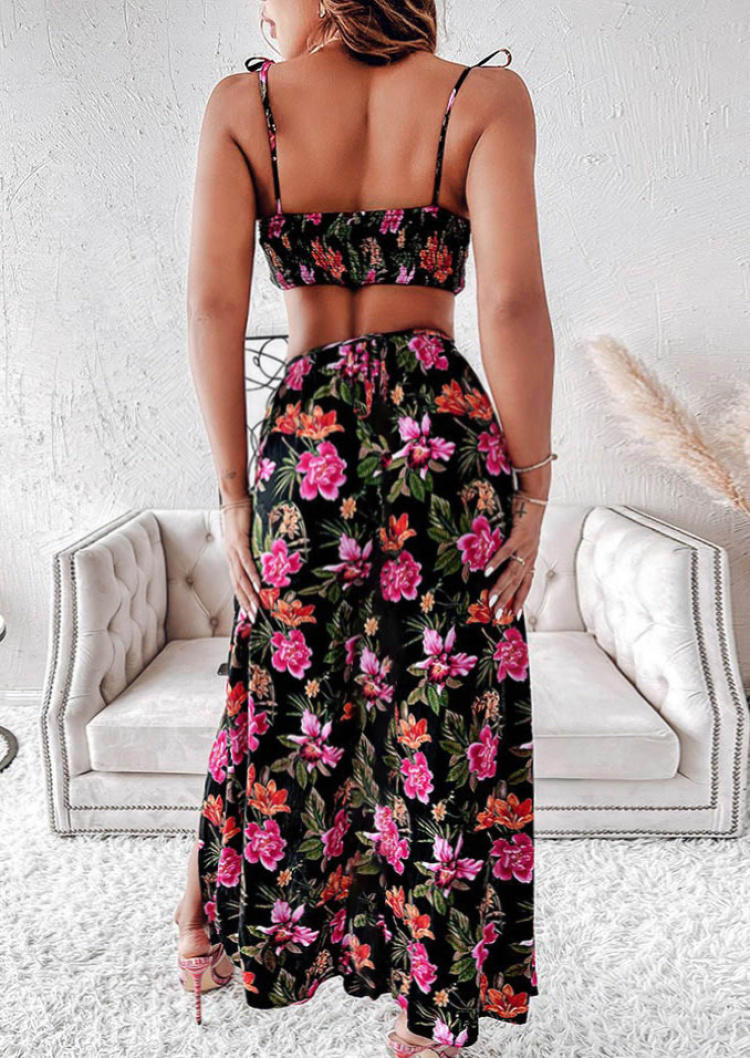 Floral Tie Crop Top And Slit Long Skirt Outfit - Black