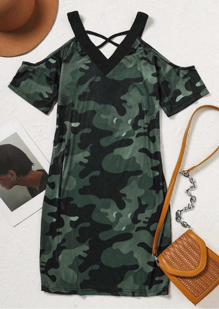 Criss-Cross Cold Shoulder Camouflage Mini Dress