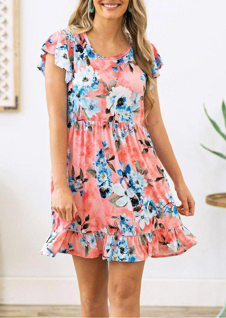 Floral Ruffled Cap Sleeve Mini Dress - Pink