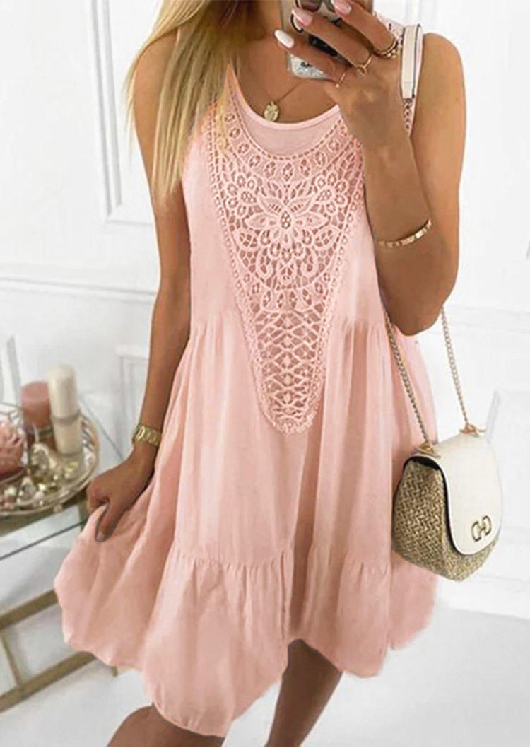 Lace Floral Ruffled Sleeveless Mini Dress - Pink