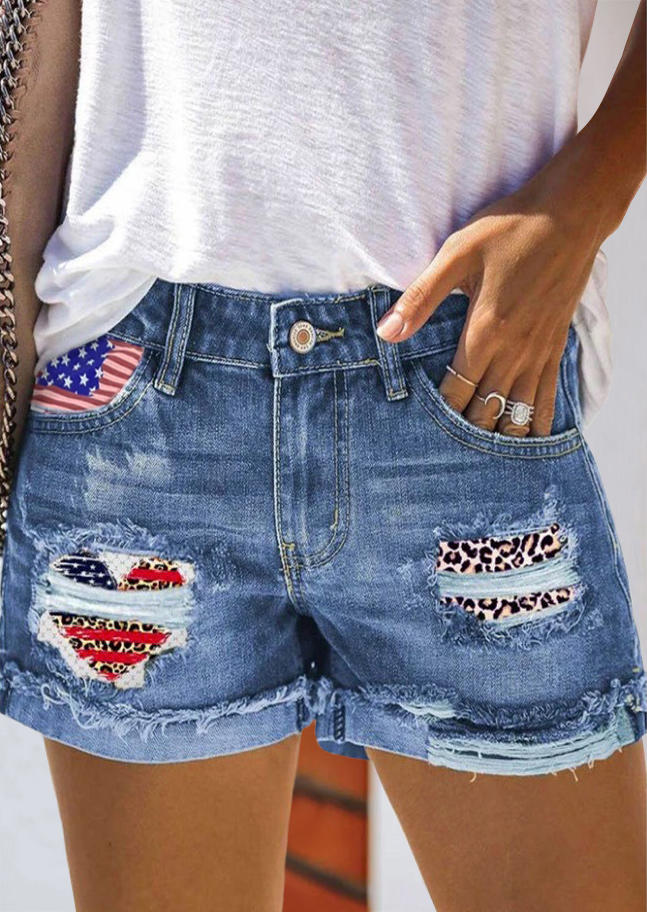 

American Flag Leopard Ripped Denim Shorts - Blue, 531426