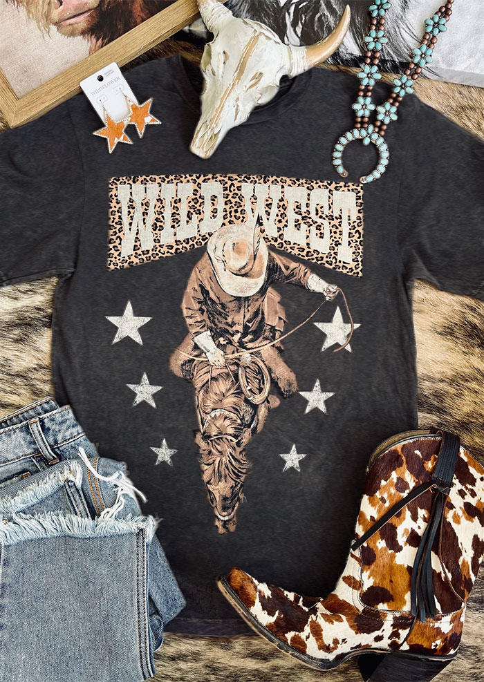 

Wild West Cowboy Star Leopard T-Shirt Tee - Dark Grey, Gray, 532076